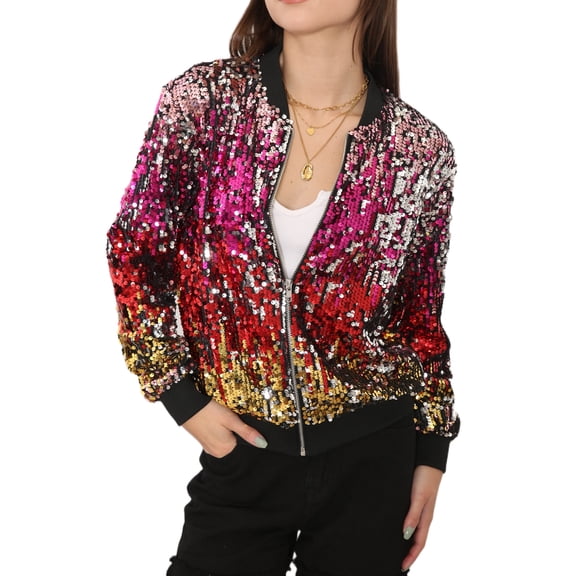 Womens Sequin Long Sleeve Front Zip Jacket with Ribbed Cuffs, Confetti, Medium