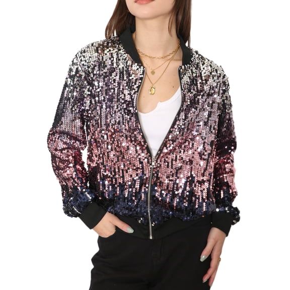 Womens Sequin Long Sleeve Front Zip Jacket with Ribbed Cuffs, Silver Mauve, Large