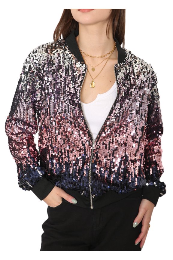Womens Sequin Long Sleeve Front Zip Jacket with Ribbed Cuffs, Silver Mauve, Medium