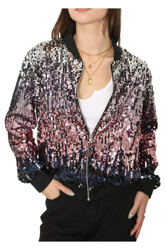 Womens Sequin Long Sleeve Front Zip Jacket with Ribbed Cuffs, Silver Mauve, Small