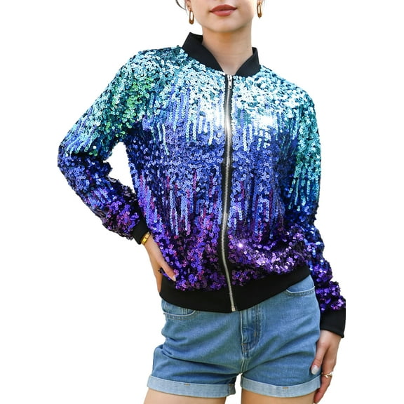 Womens Sequin Long Sleeve Front Zip Jacket with Ribbed Cuffs, Z-Blue-Red-Purple, Small