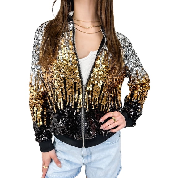 Womens Sequin Long Sleeve Front Zip Jacket with Ribbed Cuffs, Z-Silver-Gold-Black, Medium