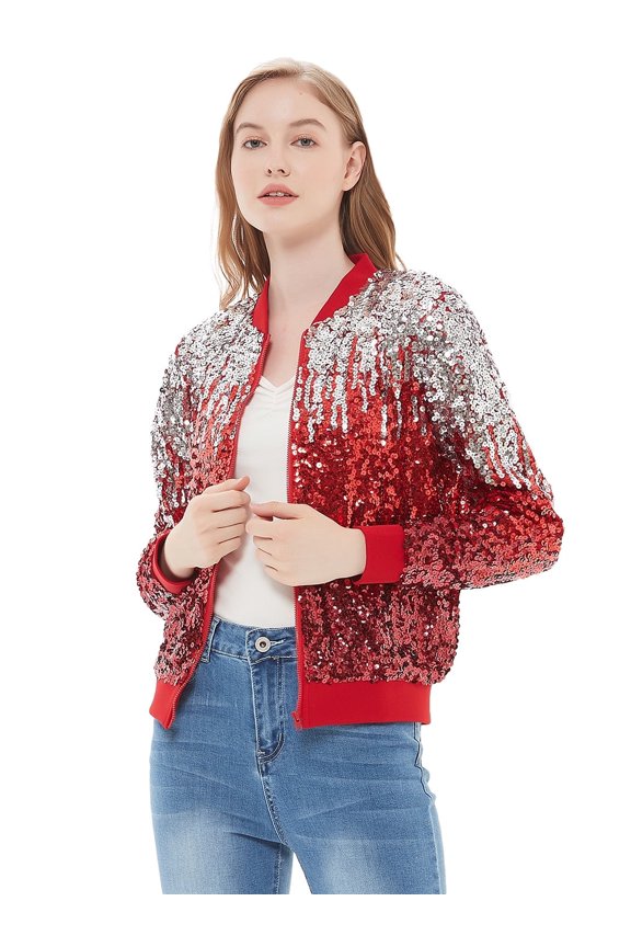 Womens Sequin Long Sleeve Front Zip Jacket with Ribbed Cuffs