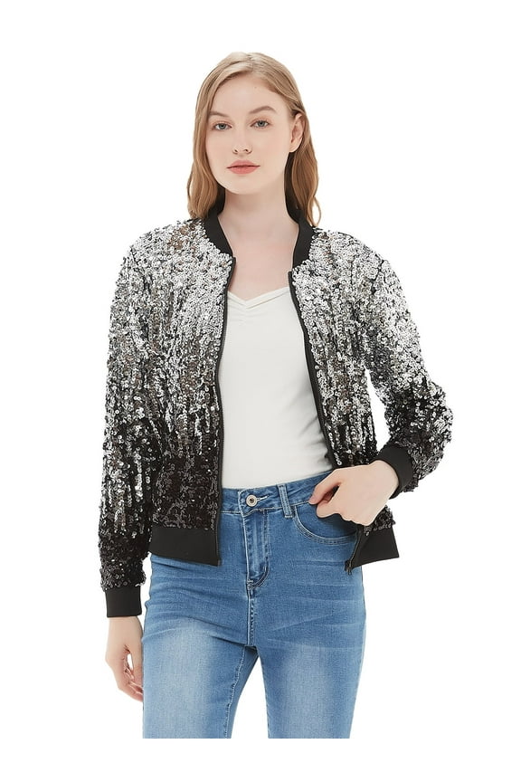 Womens Sequin Long Sleeve Front Zip Jacket with Ribbed Cuffs