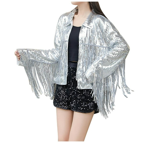 Womens Sequin Long Sleeve Tassel Lapel Zipper Loose Jacket Fashion Coat