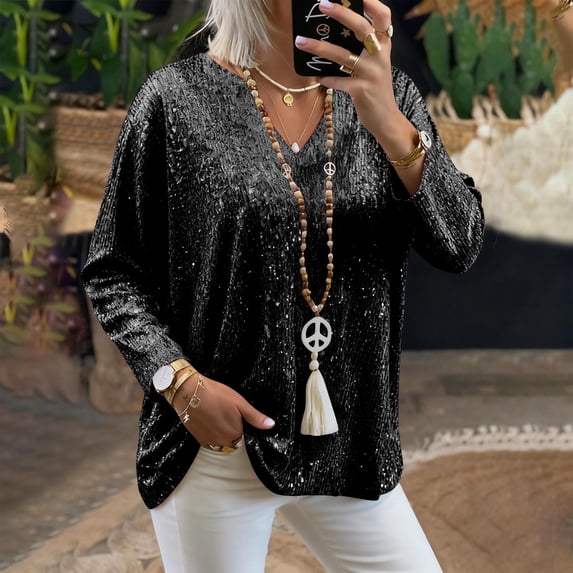 Womens Sequin Mesh Top V Neck Long Sleeve Sparkle Blouse Breathable Loose Fit Evening Wear Glitter Club Night Dressy Party Tops