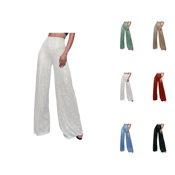 Womens Sequin Pants 2026 Fashion Sequin High Waisted Loose Flowy Shiny Wide Leg Rave Pants