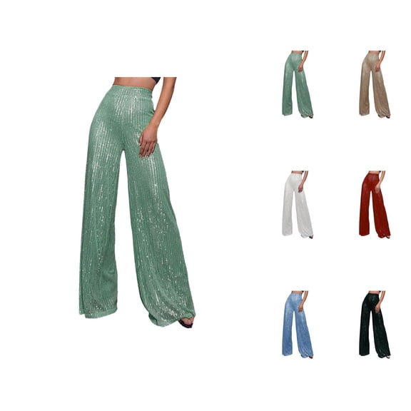 Womens Sequin Pants 2026 Fashion Sequin High Waisted Loose Flowy Shiny Wide Leg Rave Pants