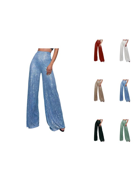 Womens Sequin Pants 2026 Trendy Sequin High Waisted Flowy Loose Wide Leg Shiny Rave Pants
