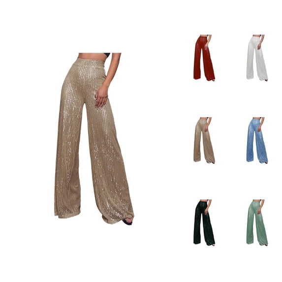 Womens Sequin Pants 2026 Trendy Sequin High Waisted Flowy Loose Wide Leg Shiny Rave Pants