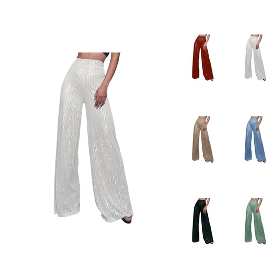Womens Sequin Pants 2026 Trendy Sequin High Waisted Flowy Loose Wide Leg Shiny Rave Pants