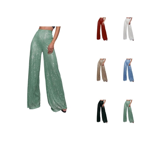 Womens Sequin Pants 2026 Trendy Sequin High Waisted Flowy Loose Wide Leg Shiny Rave Pants