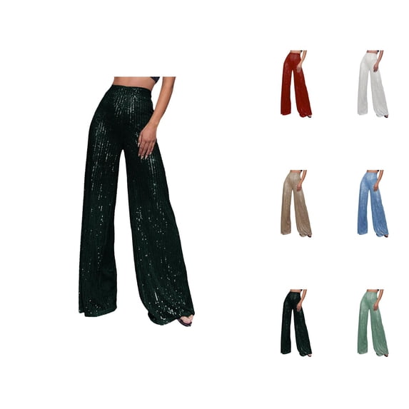 Womens Sequin Pants 2026 Trendy Sequin High Waisted Flowy Loose Wide Leg Shiny Rave Pants