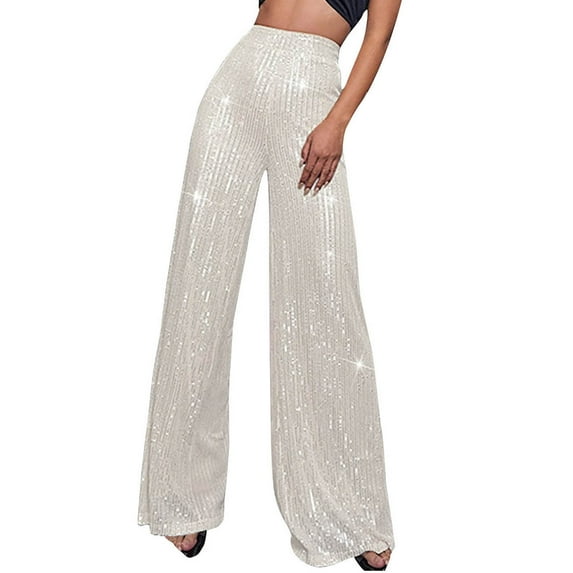Womens Sequin Pants High Waist Glitter Bell Bottoms Sparkle Wide Leg Palazzo Flared Trousers Vintage Trousers for Club Party Silver,XXXXXL