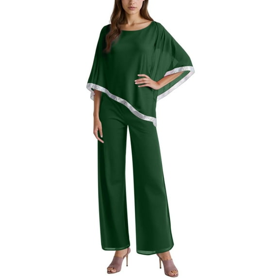 Womens Sequin Patchwork Batwing Top and Wide Leg Pants Set 3 Piece