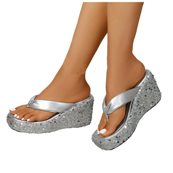 Womens Sequin Platform Slides Sandals Sparkly Chunky Wedge Slip on Flip Flops Fashion Casual Dress Shoes