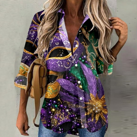 Womens Sequin Print Tops V Neck Sparkly Glitter Blouses Loose Long Sleeve Holiday Evening Party Shiny Shirts Button down Colla Shirts for Women Summer Button down Shirts for Women Business Casual