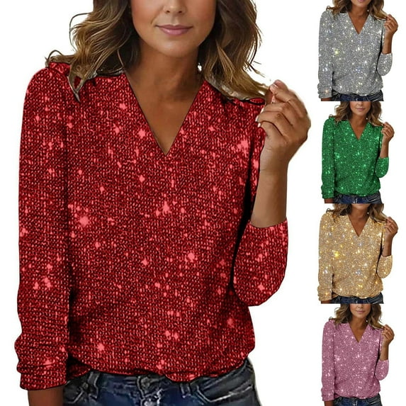 Womens Sequin Pullover Top Long Sleeve V Neck Glitter Evening Wear Casual Elegant Tee