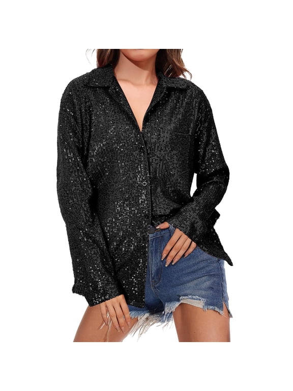 Womens Sequin Shirt,long Sleeve Sparkle Going Out Top Party Blouses for Women Plus Size Sequin Shiny Shirts for Women Sparkly Shirt Bling Shirts for Women Glitter Blouse,Black,S