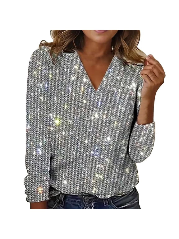 Womens Sequin Shirt,long Sleeve Sparkly Shirt Bling Shirts for Women Sparkle Going Out Top Party Blouses for Women Holiday Party Tops for Women New Years Tops for Women Sparkle Top,Silver,S