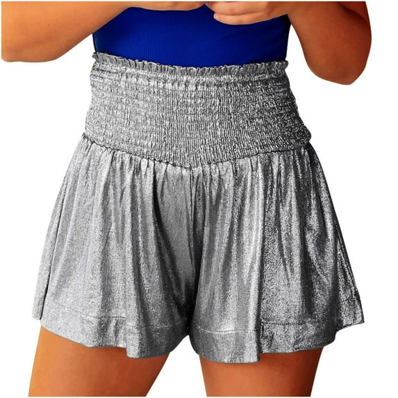 Womens Sequin Shorts High Waist Flowy Sparkly Shiny Smocked Glitter Metallic Shorts Pleated Ruffle Rave Hot Dance Shorts