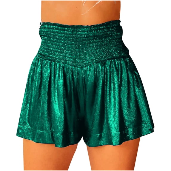 Womens Sequin Shorts High Waist Flowy Sparkly Shiny Smocked Glitter Metallic Shorts Pleated Ruffle Rave Hot Dance Shorts