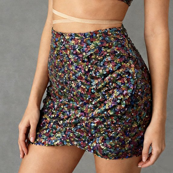 Womens Sequin Skirt Hem Ruched Short Skirt Bodycon Mini Pencil Skirts