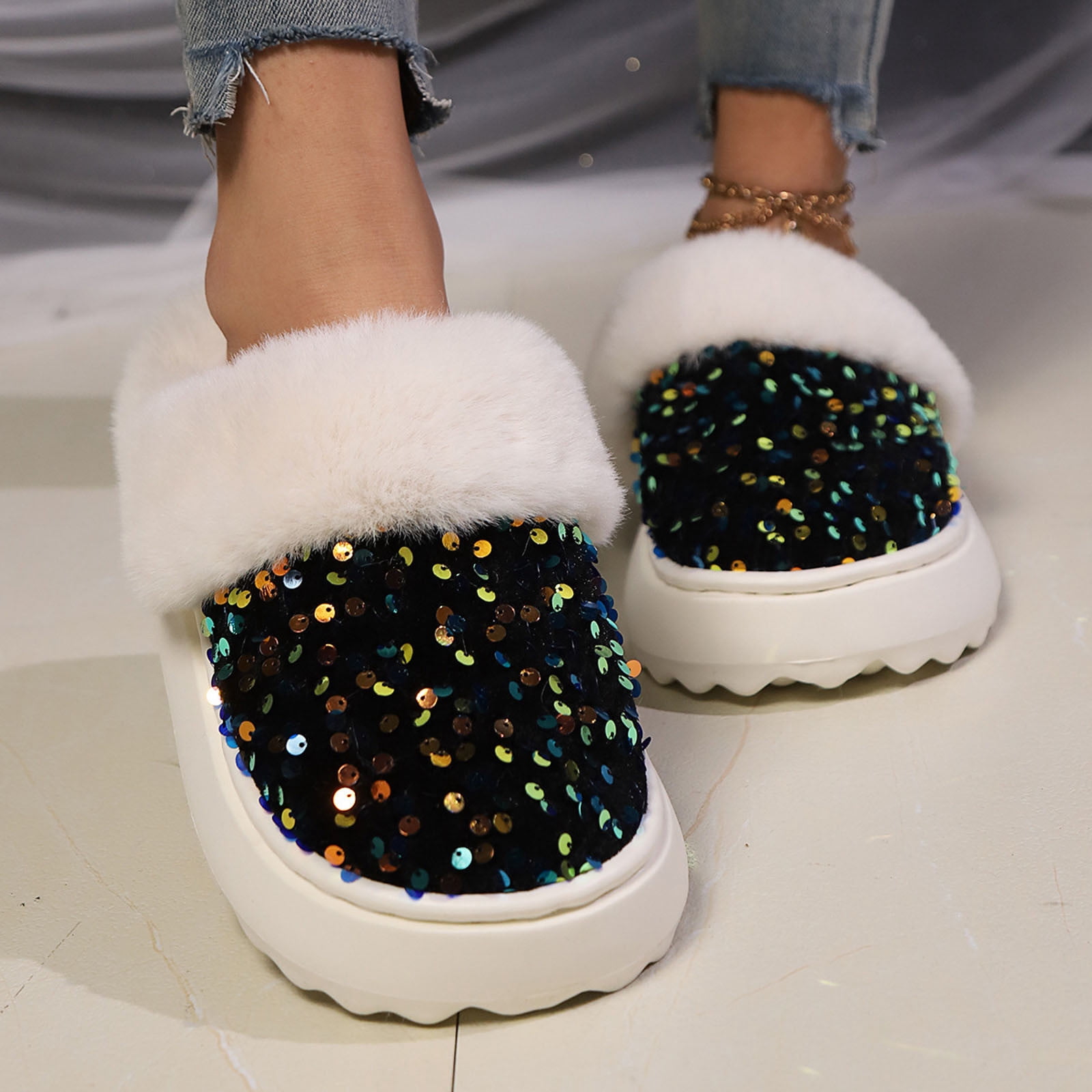 Women's Sequin Slippers - Warm, Soft Indoor/Outdoor Cozy Shoes With Rubber Sole-742890