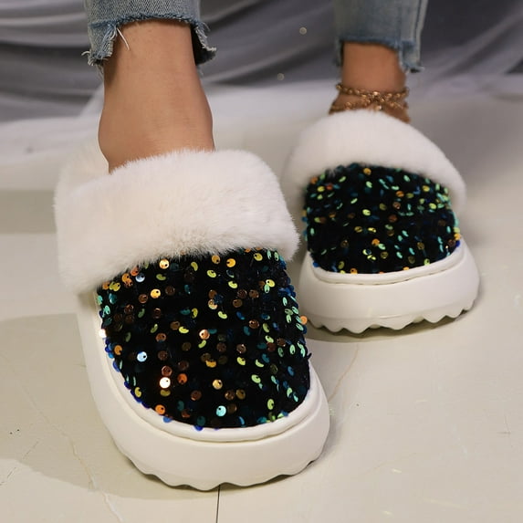 Womens Sequin Slippers Winter Fuzzy Warm House Shoes Cozy Round Toe Slip On Home Slippers