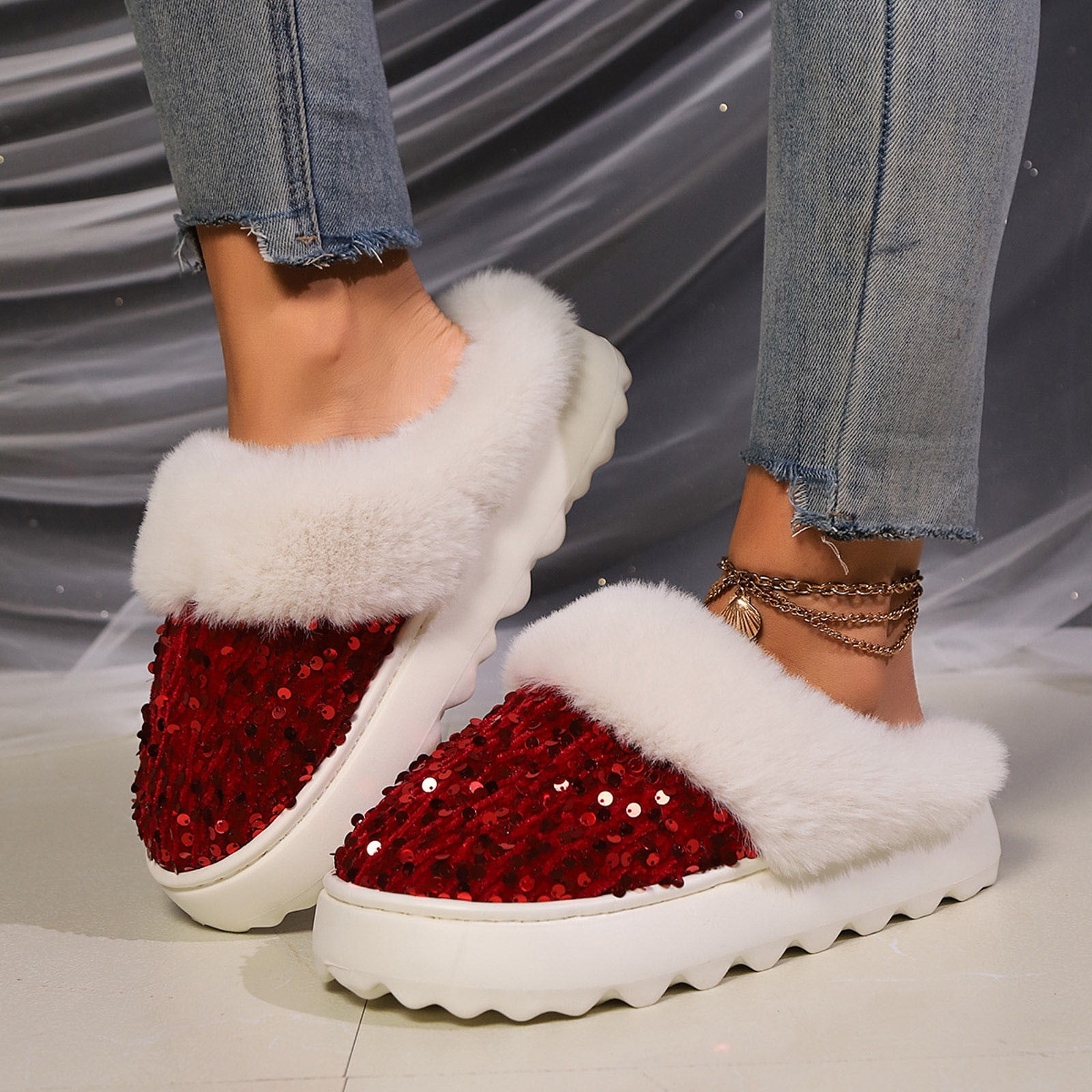 Womens Sequin Slippers Winter Fuzzy Warm House Shoes Cozy Round
