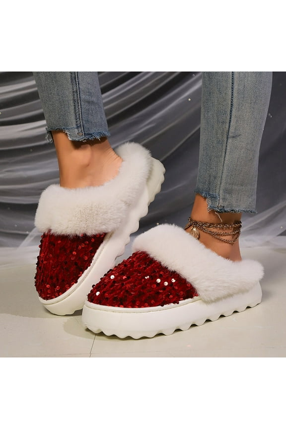 Womens Sequin Slippers Winter Fuzzy Warm House Shoes Cozy Round Toe Slip On Home Slippers