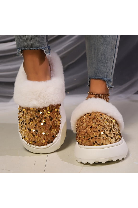 Womens Sequin Slippers Winter Fuzzy Warm House Shoes Cozy Round Toe Slip On Home Slippers