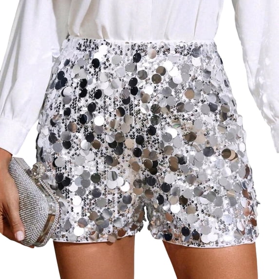 Womens Sequin Sparkle Shorts Elastic Waist Straight Sparkly Party Clubbing Mini Shorts Silver S