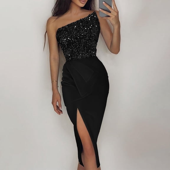 Womens Sequin Sparkly Midi Dress Elegant One Shoulder Sleeveless Bodycon Cocktail Party Split Dresses Black S