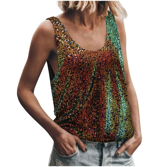 Womens Sequin Tank Top Sleeveless Summer Casual Loose Fit Basic Camisole Scoop Neck Sparkle Shimmer Shirts