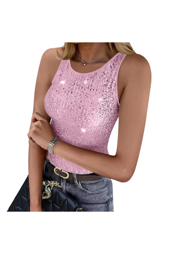 Womens Sequin Tank Tops Summer Casual Slim Fitting Crewneck Sparkly Sleeveless Blouse Shirt Streetwear M