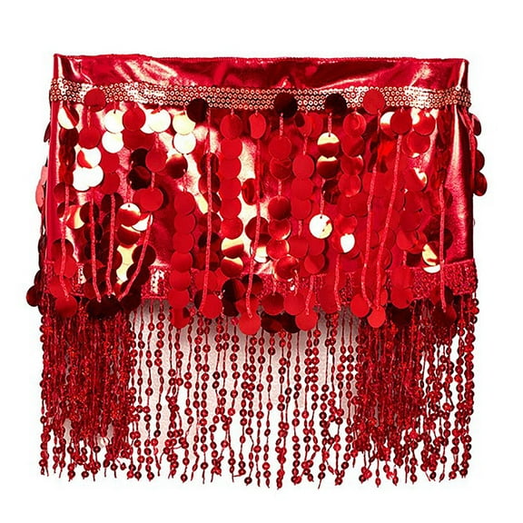 Womens Sequin Tassel Skirts Sparkly Rave Fringe Hip Scarf Belly Dance Party Festival Skirt Red, Free Size