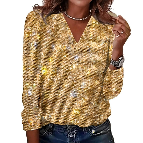 Womens Sequin Tops 2026 - Long Sleeve Sparkly Shirt, Glitter Party Blouses Dressy Casual Concert Disco Outfits Gold XL