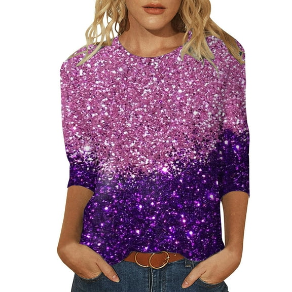 Womens Sequin Tops 3/4 Length Sleeve Trendy Sparkle Crewneck Shirts Glitter Casual Dressy Loose Fit Blouse Tees