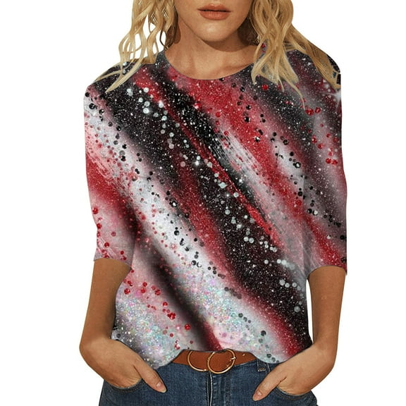 Womens Sequin Tops 3/4 Length Sleeve Trendy Sparkle Crewneck Shirts Glitter Casual Dressy Loose Fit Blouse Tees