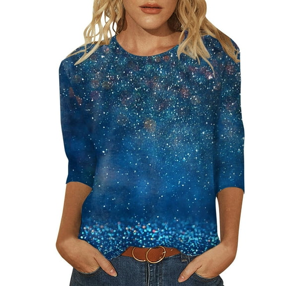 Womens Sequin Tops 3/4 Length Sleeve Trendy Sparkle Crewneck Shirts Glitter Casual Dressy Loose Fit Blouse Tees