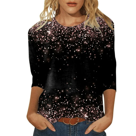 Womens Sequin Tops 3/4 Length Sleeve Trendy Sparkle Crewneck Shirts Glitter Casual Dressy Loose Fit Blouse Tees