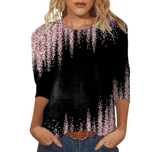 Womens Sequin Tops 3/4 Length Sleeve Trendy Sparkle Crewneck Shirts Glitter Casual Dressy Loose Fit Blouse Tees