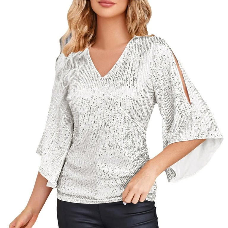Womens Sequin Tops 3 4 Sleeve Glitter Sparkly Party Blouse V Neck Dressy Tops for Evening Part