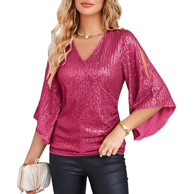 Womens Sequin Tops 3 4 Sleeve Glitter Sparkly Party Blouse V Neck Dressy Tops for Evening Party Walmart