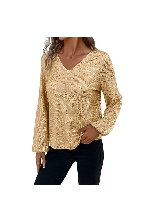 Womens Sequin Tops Elegant Puff Long Sleeve Glitter Sparkly Wedding Blouses V-Neck Dressy Tops for Evening Party