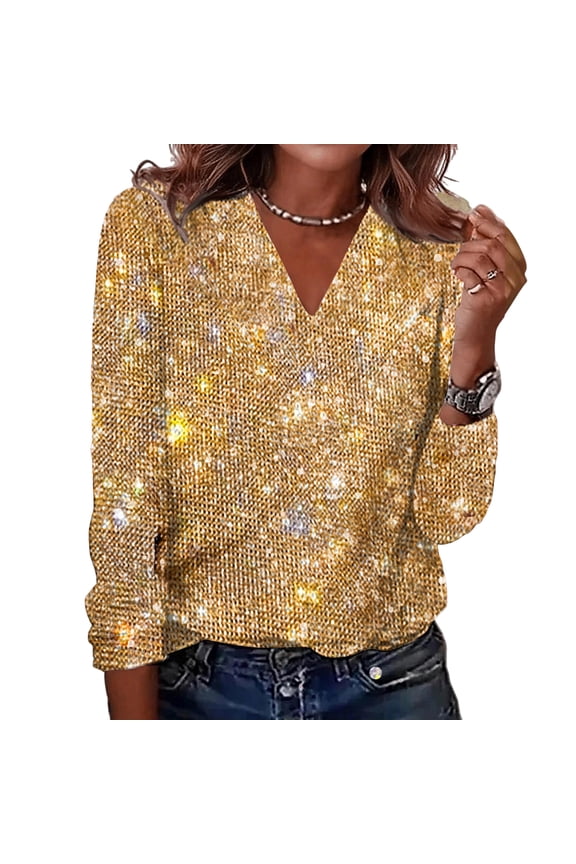 Womens Sequin Tops Fashion Casual Blouses Sparkly V Neck Shirts Holiday Party Shimmer Long Sleeve Dressy Top Gold 2XL