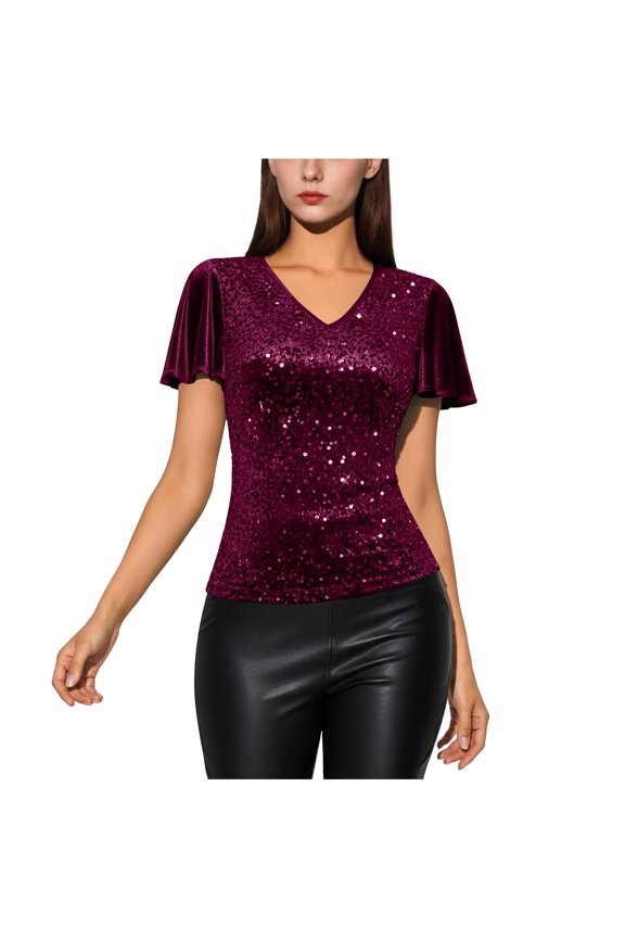 Womens Sequin Tops Glitter V Neck Ruffle Sleeve Sparkly Blouses for Cocktail Evening Party Club Concert Shirt
