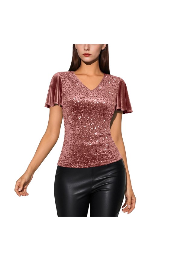 Womens Sequin Tops Glitter V Neck Ruffle Sleeve Sparkly Blouses for Cocktail Evening Party Club Concert Shirt