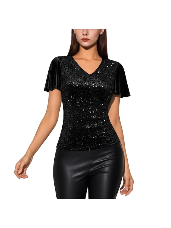 Womens Sequin Tops Glitter V Neck Ruffle Sleeve Sparkly Blouses for Cocktail Evening Party Club Concert Shirt